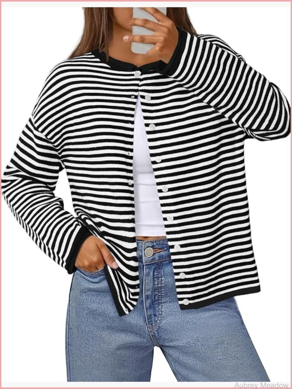 Striped Button Cardigan Sweater Loose Knit Long Sleeve Fall Trendy